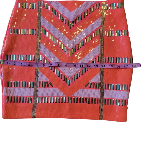 Bebe Orange Pink Gold White Sequin Bodycon Mini Skirt - Picture 7 of 8